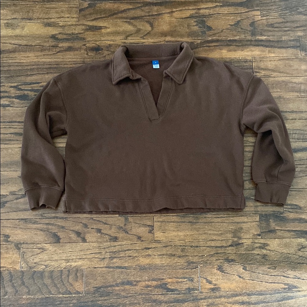 Brown Long Sleeve cropped fleece with collar